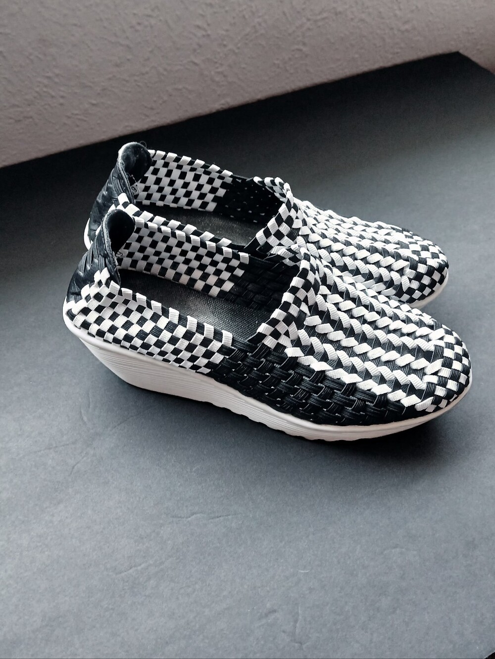 Lightweight Black & White Woven Slip-On Wedge